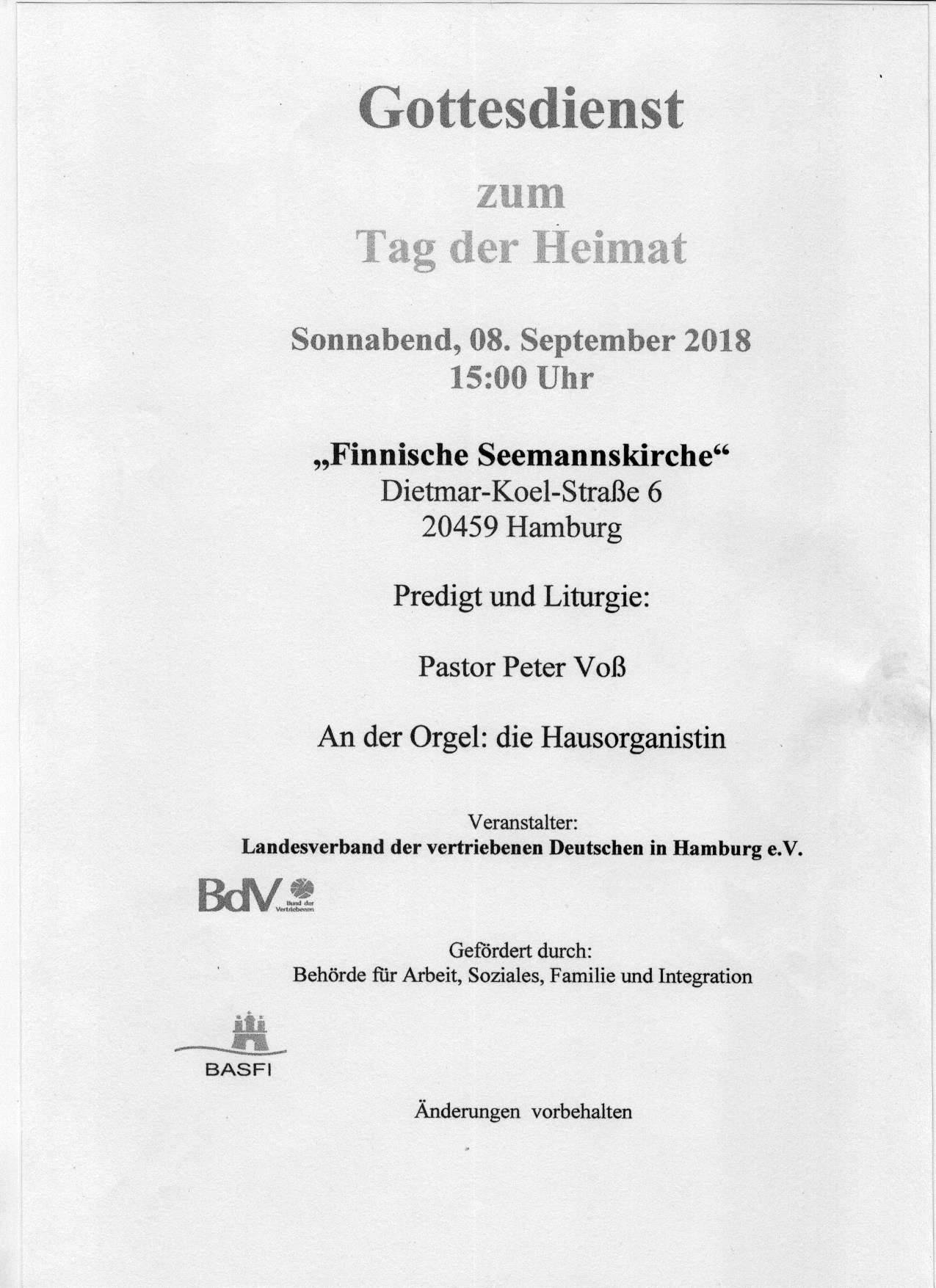 Einladung zum Gottesdienst am 8.9.2018